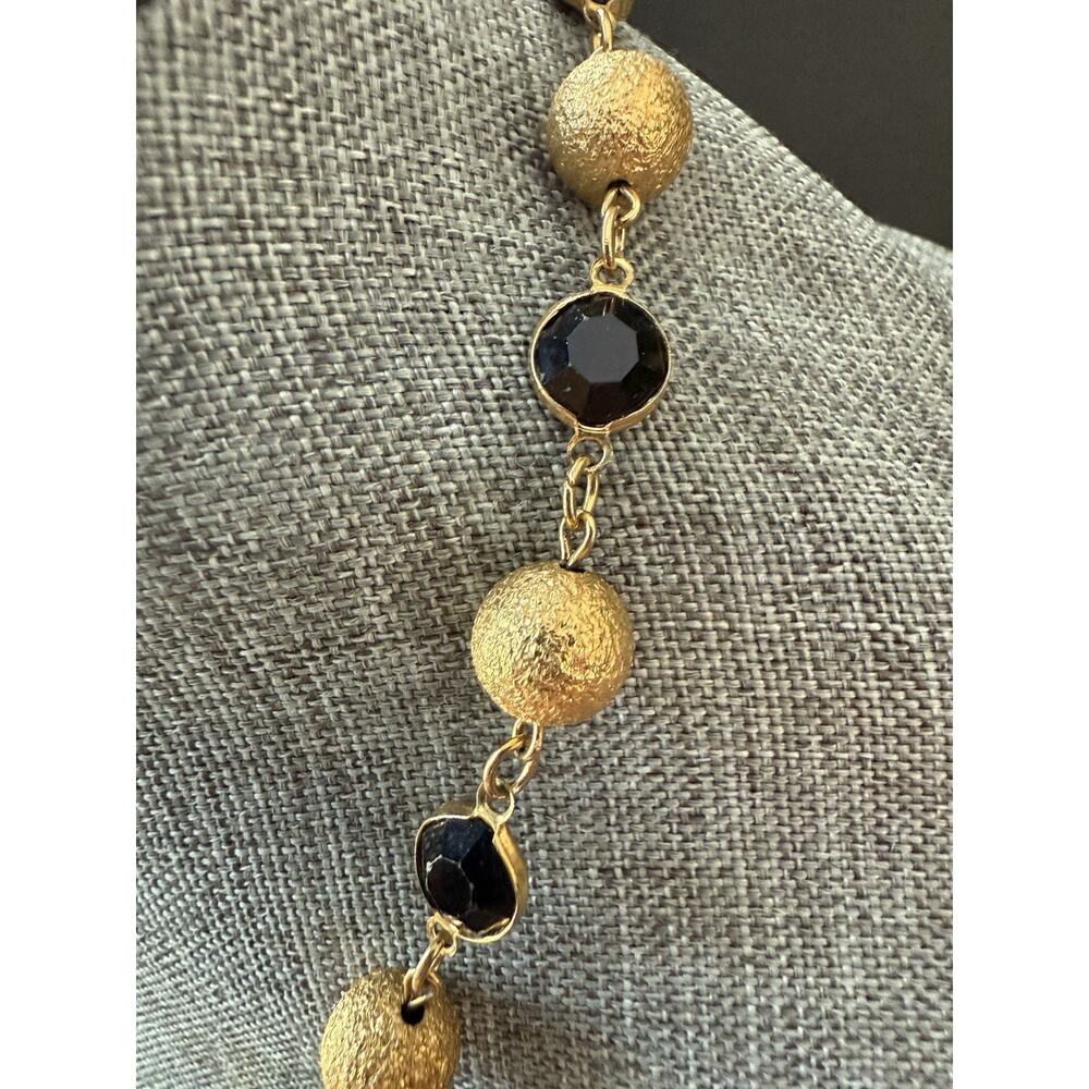 Vintage Austrian Crystal USA Glass Hammered Bead Necklace Black Gold Link Signed
